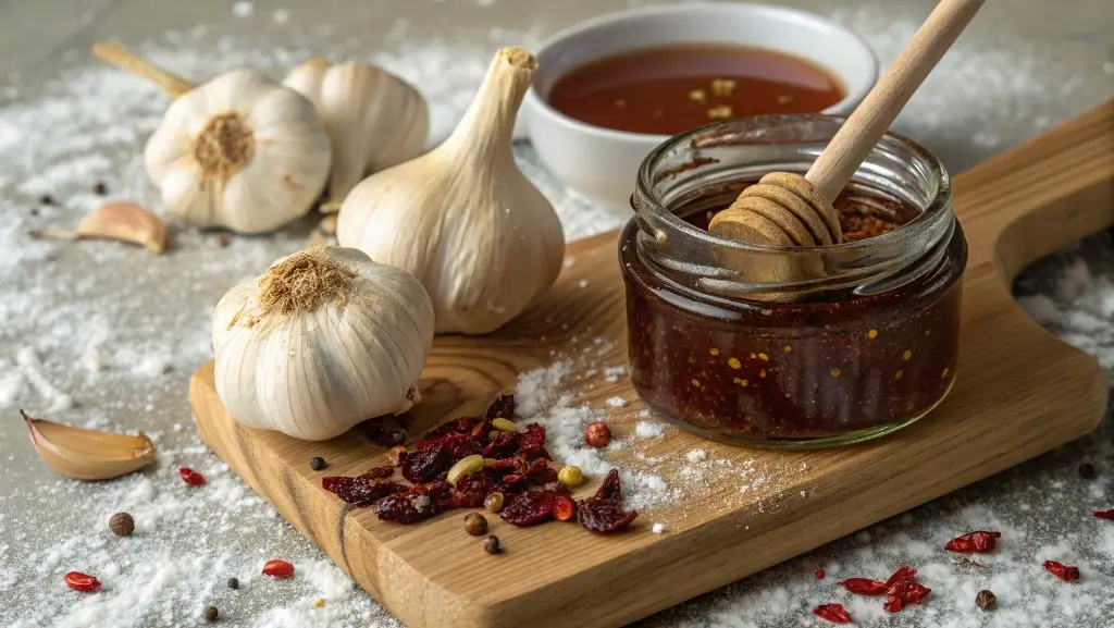 Highlights the key ingredients for the honey garlic chicken wings recipe