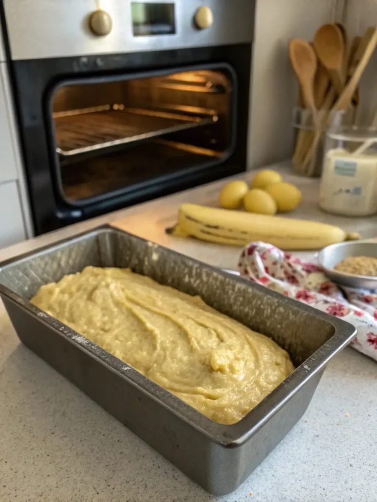 a-loaf-pan-filled-with-smooth-banana-bread-batter